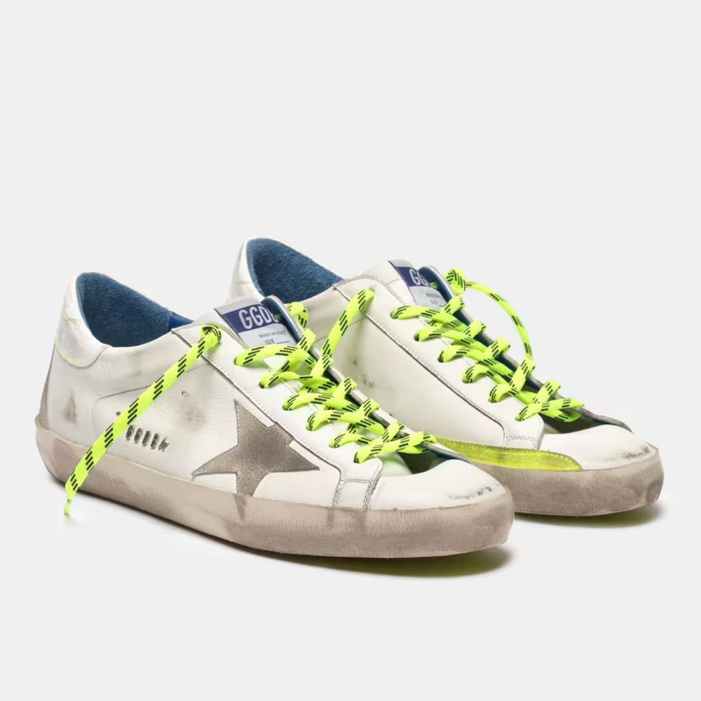 Golden Goose Men’s Super-Star White Sneakers with Neon Yellow Laces *Rare